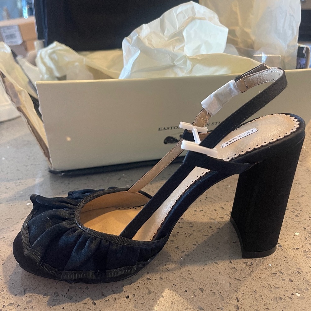 Black slinback heels / Leon Max Sedate Satin Ruffled Slingback Heels